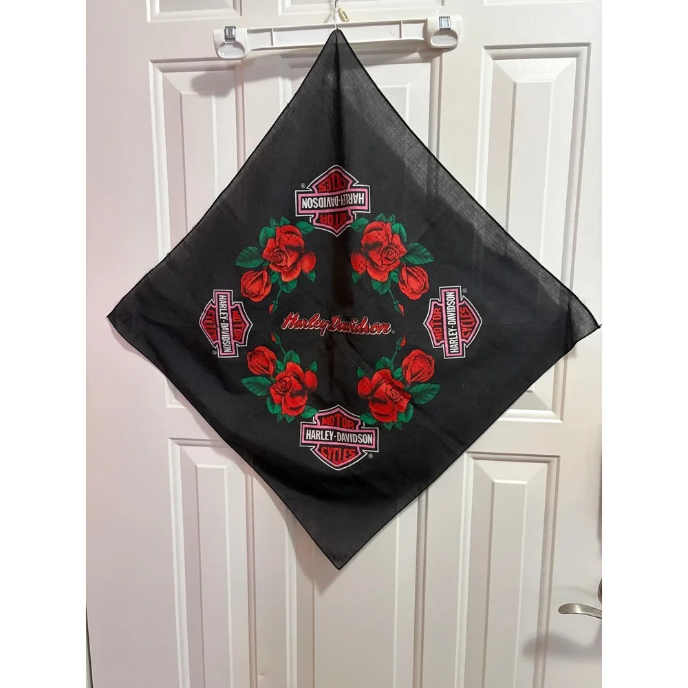 Vintage Harley Davidson Bandana Black Red Roses Pink Bar & Shield Logo Scarf